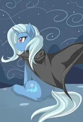 Size: 678x1000 | Tagged: safe, artist:jinzhan, derpibooru import, trixie, pony, unicorn, alone, cape, clothes, cloud, cloudy, image, jpeg, night, solo, wind