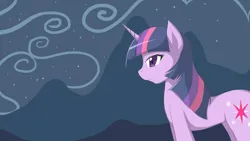 Size: 1000x563 | Tagged: safe, artist:jinzhan, derpibooru import, twilight sparkle, pony, unicorn, alone, image, jpeg, mountain, mountain range, night, solo, starry night, unicorn twilight