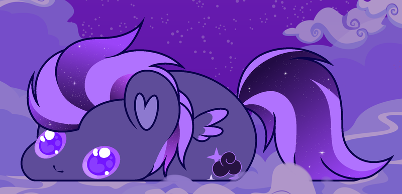 Size: 2187x1057 | Tagged: safe, artist:vi45, derpibooru import, oc, oc:shadow galaxy, unofficial characters only, pegasus, pony, adorable face, bean, c:, cloud, commission, cute, ethereal mane, female, image, looking at you, mare, night, night sky, png, sky, small wings, smiling, smol, solo, staring into your soul, starry mane, starry tail, stars, tail, wings