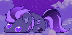 Size: 2187x1057 | Tagged: safe, artist:vi45, derpibooru import, oc, oc:shadow galaxy, unofficial characters only, pegasus, pony, adorable face, bean, c:, cloud, commission, cute, ethereal mane, female, image, looking at you, mare, night, night sky, png, sky, small wings, smiling, smol, solo, staring into your soul, starry mane, starry tail, stars, tail, wings