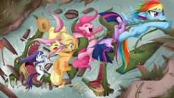 Size: 1920x1080 | Tagged: safe, artist:jinzhan, derpibooru import, applejack, fluttershy, pinkie pie, rainbow dash, rarity, twilight sparkle, alligator, earth pony, pegasus, pony, unicorn, anatomically incorrect, danger, image, incorrect leg anatomy, jpeg, mane six, river, screaming, smiling, swamp, water