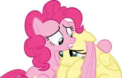 Size: 1149x737 | Tagged: safe, derpibooru import, edit, edited screencap, editor:incredibubbleirishguy, screencap, fluttershy, pinkie pie, the mean 6, background removed, comforting, crying, fluttercry, image, png, teary eyes
