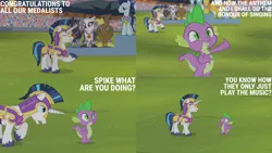 Size: 2000x1125 | Tagged: safe, derpibooru import, edit, edited screencap, editor:quoterific, screencap, shining armor, spike, gryphon, equestria games (episode), arena, armor, image, medal, png
