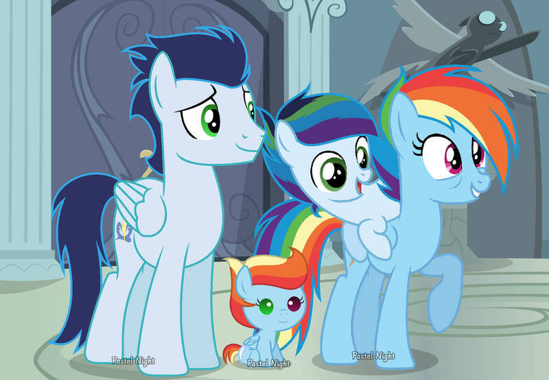 Size: 1075x744 | Tagged: safe, artist:pastelnightyt, derpibooru import, rainbow dash, soarin', oc, oc:prism bolt, oc:rainbow storm, pegasus, pony, baby, baby pony, colt, female, filly, foal, image, jpeg, male, mare, offspring, parent:rainbow dash, parent:soarin', parents:soarindash, shipping, soarindash, stallion, straight