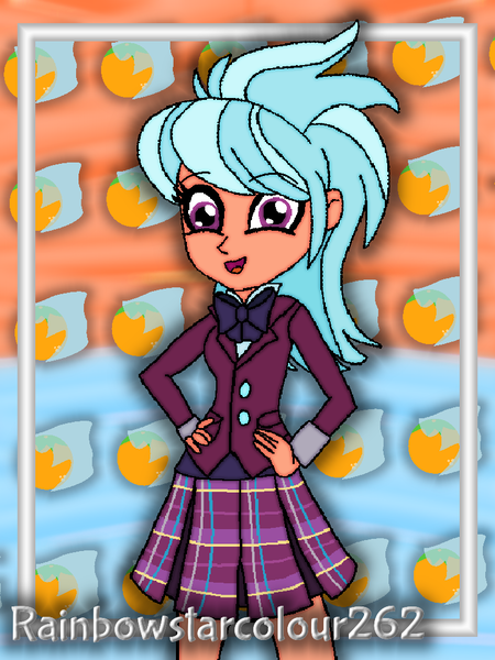 Size: 768x1024 | Tagged: safe, artist:rainbowstarcolour262, derpibooru import, part of a set, frosty orange, human, series:equ wallpapers, equestria girls, friendship games, abstract background, background human, bowtie, clothes, crystal prep academy uniform, crystal prep shadowbolts, cute, cutie mark background, female, hand on hip, happy, image, open mouth, part of a series, plaid skirt, pleated skirt, png, school uniform, shirt, signature, skirt, smiling, solo