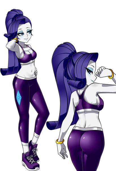 Size: 1500x2200 | Tagged: safe, artist:nekojackun, derpibooru import, rarity, human, equestria girls, alternate hairstyle, armpits, art trade, ass, bedroom eyes, belly button, bracelet, butt, clothes, cute, eyeshadow, female, grin, image, jewelry, leggings, lipstick, makeup, midriff, png, ponytail, raribetes, rearity, sexy, shoes, simple background, smiling, sneakers, socks, solo, sports bra, white background