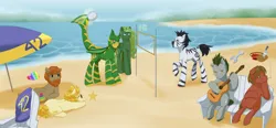 Size: 4688x2169 | Tagged: safe, artist:mylittlesheepy, derpibooru import, oc, unofficial characters only, alicorn, earth pony, pony, zebra, beach, couple, image, musical instrument, ocean, png, sand, sports, sun, unknown species, violin, volleyball, volleyball net, water