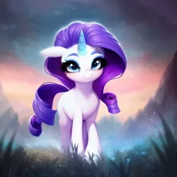 Size: 512x512 | Tagged: safe, derpibooru import, machine learning assisted, machine learning generated, stable diffusion, rarity, pony, unicorn, ai content, beautiful eyes, big eyes, blue eyes, blushing, cute, ear fluff, flower, fluffy, forest, generator:purplesmart.ai, grass, image, magic, png, prompter:saltyvity, purple hair, sky, solo, sparkles, sunset, tree
