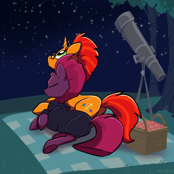 Size: 2048x2048 | Tagged: safe, artist:pfeffaroo, derpibooru import, fizzlepop berrytwist, tempest shadow, oc, oc:scope, oc:sunflare, unicorn, basket, broken horn, butt, eyes closed, horn, image, leaning, meteor, picnic, picnic basket, picnic blanket, plot, png, relaxing, romance, shipping, stars, telescope, tempass, tree