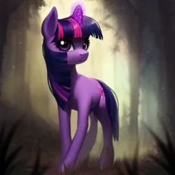 Size: 512x512 | Tagged: safe, derpibooru import, machine learning assisted, machine learning generated, stable diffusion, twilight sparkle, pony, unicorn, ai content, big eyes, blue hair, cute, fantasy, fluffy, forest, generator:purplesmart.ai, grass, image, magic, png, prompter:saltyvity, purple eyes, solo, tree