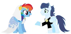 Size: 890x432 | Tagged: safe, artist:glittertiara, derpibooru import, rainbow dash, soarin', pegasus, pony, bride, clothes, dress, female, groom, image, jpeg, male, mare, marriage, shipping, simple background, smoking, soarindash, stallion, straight, white background