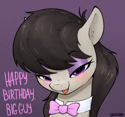 Size: 1600x1500 | Tagged: suggestive, artist:whiskeypanda, derpibooru import, octavia melody, earth pony, pony, /mlp/, 4chan, bedroom eyes, blushing, bow, bust, collar, drawthread, female, happy birthday, image, looking at you, png, request, solo, solo female, text, tongue out