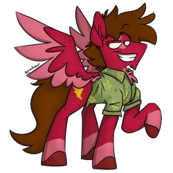 Size: 1500x1500 | Tagged: safe, artist:grandfinaleart, derpibooru import, oc, oc:grand finale, unofficial characters only, pegasus, pony, brown eyes, brown hair, brown mane, brown tail, chest fluff, chin fluff, clothes, digital art, facial hair, goatee, hawaiian shirt, image, male, pegasus oc, png, red fur, shirt, simple background, sitting, smiling, solo, spread wings, stallion, stallion oc, tail, transparent background, unshorn fetlocks, wings