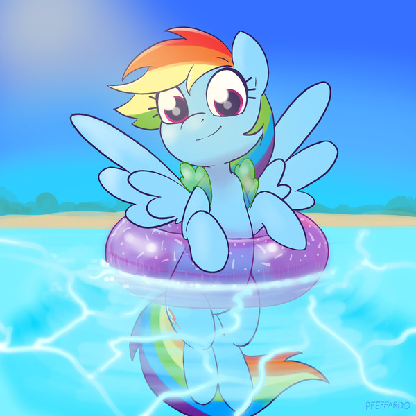 Size: 2048x2048 | Tagged: safe, artist:pfeffaroo, derpibooru import, rainbow dash, pegasus, pony, cute, dashabetes, image, inner tube, jpeg, ocean, pool toy, smiling, solo, summer, water