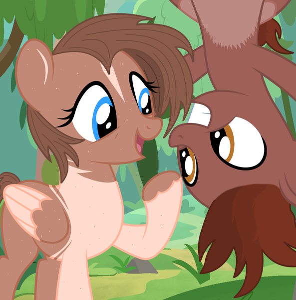 Size: 2000x2022 | Tagged: safe, artist:ghostpikachu, derpibooru import, oc, oc:autumn rosewood, oc:clara, unofficial characters only, pegasus, pony, base used, cute, female, forest, image, laughing, male, mare, ocbetes, outdoors, pegasus oc, png, smiling, stallion, tree, two toned coat, upside down, wings