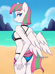 Size: 2048x2731 | Tagged: safe, artist:handgunboi, derpibooru import, blossomforth, anthro, pegasus, pony, beach, clothes, commission, image, png, sand, swimsuit