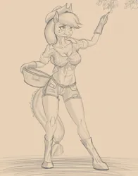 Size: 1181x1509 | Tagged: suggestive, artist:nazorad, artist:piecesofeden, derpibooru import, applejack, anthro, abs, belly button, boots, breasts, cleavage, clothes, female, front knot midriff, gloves, image, jpeg, midriff, monochrome, pencil drawing, shoes, shorts, solo, traditional art