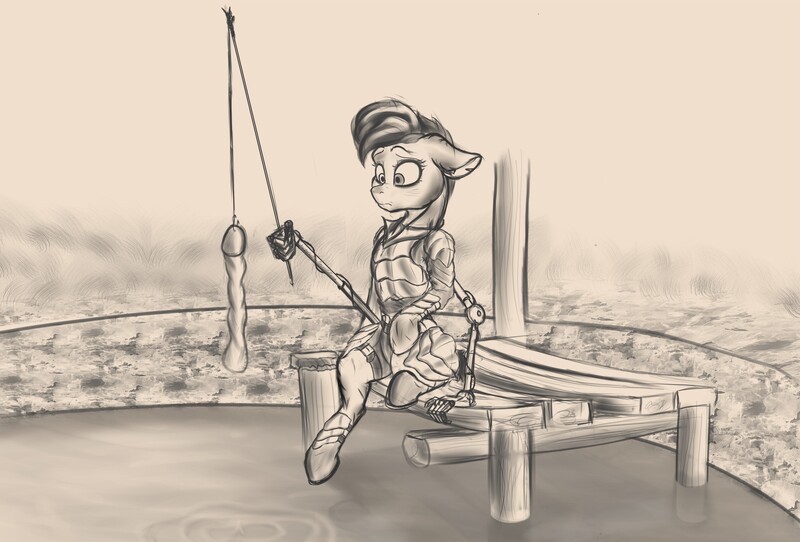 Size: 5038x3413 | Tagged: questionable, artist:nazorad, artist:piecesofeden, derpibooru import, oc, oc:milki, cyborg, pony, unicorn, fallout equestria, armor, condom, fishing, floppy ears, image, implants, jpeg, lake, looking at something, monochrome, pier, prosthetics, solo, surprised, water