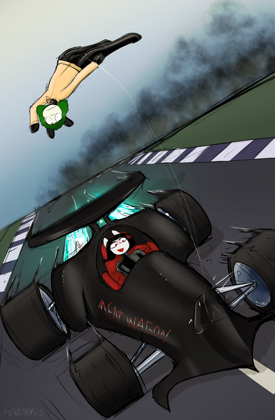 Size: 4600x7016 | Tagged: safe, artist:tenenbris, derpibooru import, oc, oc:dead meat, oc:paeonia, unofficial characters only, semi-anthro, car, driving, image, latex, png, race track, racecar