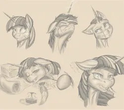 Size: 3838x3413 | Tagged: safe, artist:nazorad, artist:piecesofeden, derpibooru import, twilight sparkle, pony, unicorn, bust, expressions, floppy ears, image, jpeg, monochrome, quill, sketch, sketch dump, slit pupils, solo, teeth, tired