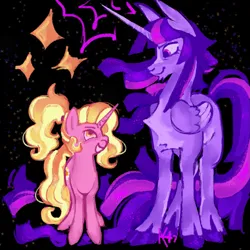 Size: 1111x1111 | Tagged: safe, artist:sillyfillies, derpibooru import, luster dawn, princess twilight 2.0, twilight sparkle, twilight sparkle (alicorn), alicorn, pony, unicorn, the last problem, chin fluff, duo, folded wings, image, looking at each other, looking at someone, older, older twilight, png, wings