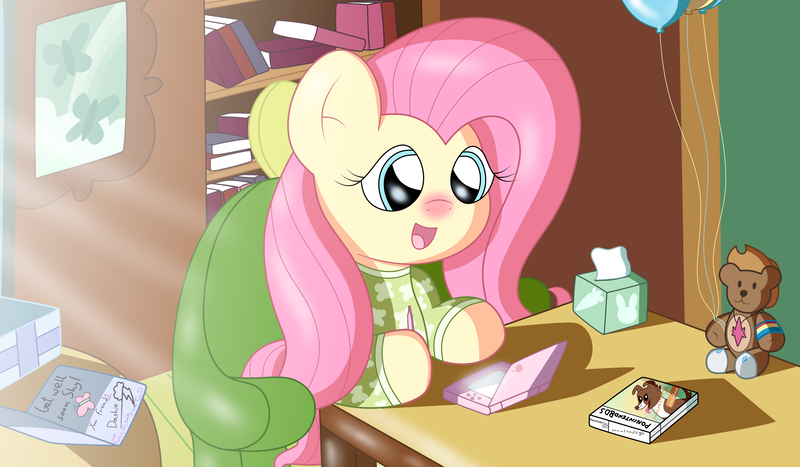 Size: 4709x2750 | Tagged: safe, artist:sparkfler85, derpibooru import, fluttershy, pegasus, balloon, clothes, cold, cutie mark, cutie mark on clothes, derpibooru exclusive, female, fluttershy's cottage, gamershy, get well card, get well soon, happy, image, implied applejack, implied pinkie pie, implied rainbow dash, implied rarity, implied twilight sparkle, nintendo, nintendo ds, nintendo dsi, nintendogs, pajamas, parody, playing video games, plushie, png, present, red nosed, sick, sitting, solo, stylus, teddy bear, tissue box, video game