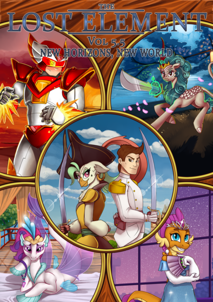 Size: 2480x3508 | Tagged: safe, artist:eztp, derpibooru import, captain celaeno, queen novo, rain shine, smolder, oc, bird, dragon, human, kirin, robot, seapony (g4), fanfic:the lost element, my little pony: the movie, armor, bedroom eyes, clothes, cover art, dragoness, dress, fan, fanfic art, female, fire, flower petals, image, jewelry, looking at you, male, necklace, png, polearm, princess smolder, saber, seaponified, smiling, smirk, species swap, sunset, sword, tiara, tree, water, weapon