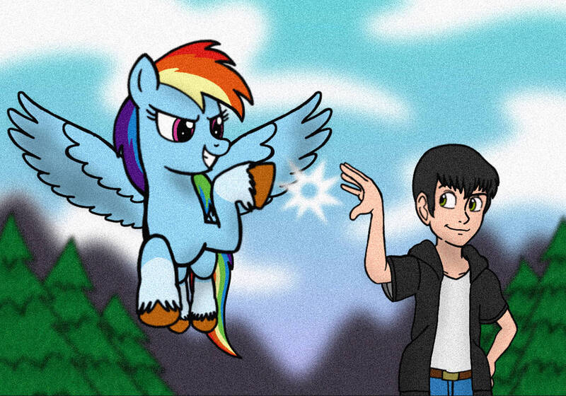 Size: 1068x748 | Tagged: safe, artist:j-mantheangel, derpibooru import, rainbow dash, oc, oc:jack marten, human, pegasus, pony, g5, cloud, female, flying, g4, g4 to g5, generation leap, human in equestria, human oc, image, jpeg, male, mountain, tree