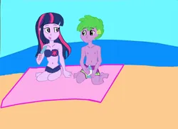 Size: 3504x2544 | Tagged: safe, derpibooru import, spike, twilight sparkle, human, equestria girls, bandeau, barefoot, beach, beach blanket, bikini, bikini bottom, bikini top, brother and sister, clothes, cute, cutie mark, cutie mark on clothes, duo, feet, female, food, human spike, humanized, image, jpeg, looking at each other, looking at someone, male, male nipples, nipples, nudity, popsicle, sand, siblings, sparkle siblings, swimming trunks, swimsuit, water, water bottle