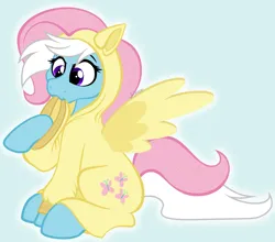 Size: 3600x3172 | Tagged: safe, artist:feather_bloom, derpibooru import, fluttershy, oc, oc:featherbloom, pony, clothes, fluttershy suit, image, onesie, png, simple background, solo