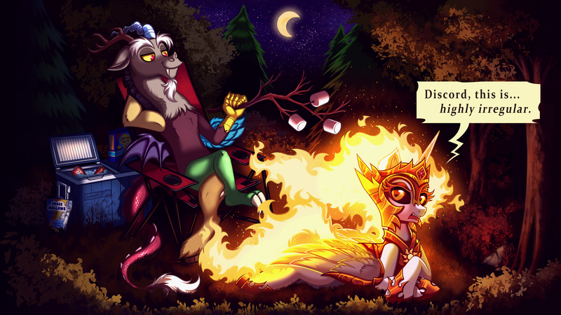 Size: 3840x2160 | Tagged: safe, artist:confetticakez, derpibooru import, daybreaker, discord, alicorn, draconequus, pony, 4k, arm behind back, camping, chair, commission, cooler, crescent moon, crossed hooves, daybreaker is not amused, dialogue, duo, duo male and female, female, food, forest, high res, image, lawn chair, lying down, male, mare, marshmallow, moon, png, prone, roasted marshmallow, sitting, speech bubble, tree, tree branch, unamused