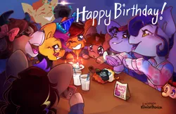 Size: 6182x4000 | Tagged: safe, artist:midnightpremiere, derpibooru import, yona, oc, earth pony, pony, unicorn, yak, absurd resolution, birthday cake, cake, cake slice, drink, eyes closed, facial hair, female, food, frog (hoof), grin, happy birthday, hat, hoof hold, image, mare, mobile phone, moustache, open mouth, open smile, party hat, phone, png, smartphone, smiling, text, underhoof