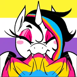 Size: 500x500 | Tagged: safe, artist:liechisenshi, derpibooru import, oc, unofficial characters only, pony, unicorn, blushing, commission, fangs, female, flag, image, mare, png, pride, pride flag, your character here