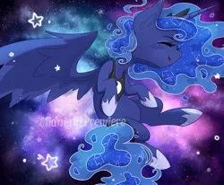 Size: 1024x845 | Tagged: safe, artist:midnightpremiere, derpibooru import, princess luna, alicorn, pony, eyes closed, female, image, jpeg, mare, open mouth, open smile, smiling, solo, space, watermark