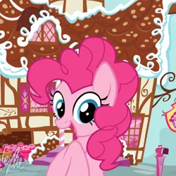 Size: 2732x2732 | Tagged: safe, artist:lydia, derpibooru import, party favor, pinkie pie, curly mane, cute, female, happy, image, looking at you, male, partypie, pink body, png, ponyville, shipping, straight