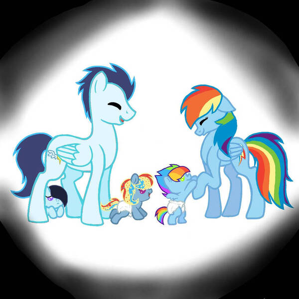 Size: 894x894 | Tagged: safe, artist:galaxywintersnow, derpibooru import, rainbow dash, soarin', oc, oc:electro spectrum, oc:midnight rainbow, oc:rainbow spots, pegasus, pony, baby, baby pony, eyes closed, female, image, jpeg, male, mare, offspring, parent:rainbow dash, parent:soarin', parents:soarindash, shipping, soarindash, stallion, straight, triplets