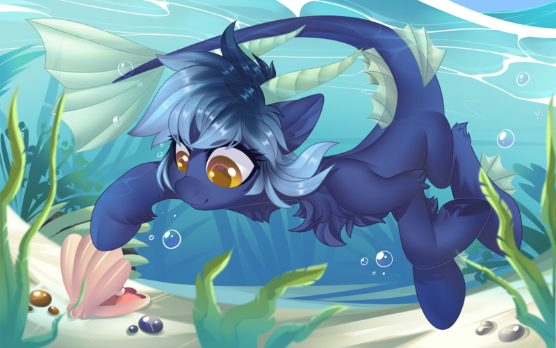 Size: 1920x1200 | Tagged: safe, artist:xvostik, derpibooru import, oc, unofficial characters only, hybrid, pony, air bubble, bubble, clam, commission, cute, female, fins, fish tail, horns, hybrid oc, image, mare, png, seaweed, smiling, tail, underwater, water, ych result