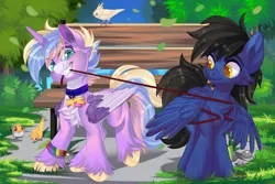 Size: 1920x1280 | Tagged: safe, artist:xvostik, derpibooru import, oc, unofficial characters only, alicorn, pegasus, pony, bench, commission, cute, duo, duo male and female, female, image, leash, male, mare, png, smiling, stallion, tree, ych result