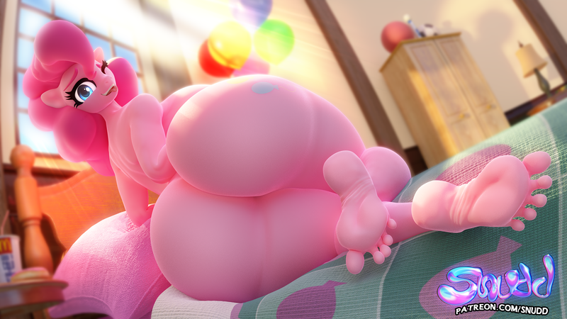 Size: 4680x2633 | Tagged: questionable, artist:snuddy, derpibooru import, pinkie pie, anthro, earth pony, plantigrade anthro, balloon, balloonbutt, bedroom, breasts, busty pinkie pie, butt, drink, feet, female, image, large butt, mcdonald's, nudity, one eye closed, png, presenting, solo, stupid sexy pinkie, the ass was fat, tongue out