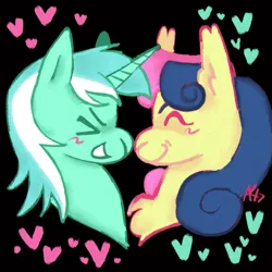 Size: 1111x1111 | Tagged: safe, artist:sillyfillies, derpibooru import, bon bon, lyra heartstrings, sweetie drops, earth pony, pony, unicorn, black background, blushing, chest fluff, duo, female, happy, heart, image, lesbian, lyrabon, nose to nose, png, shipping, simple background, smiling
