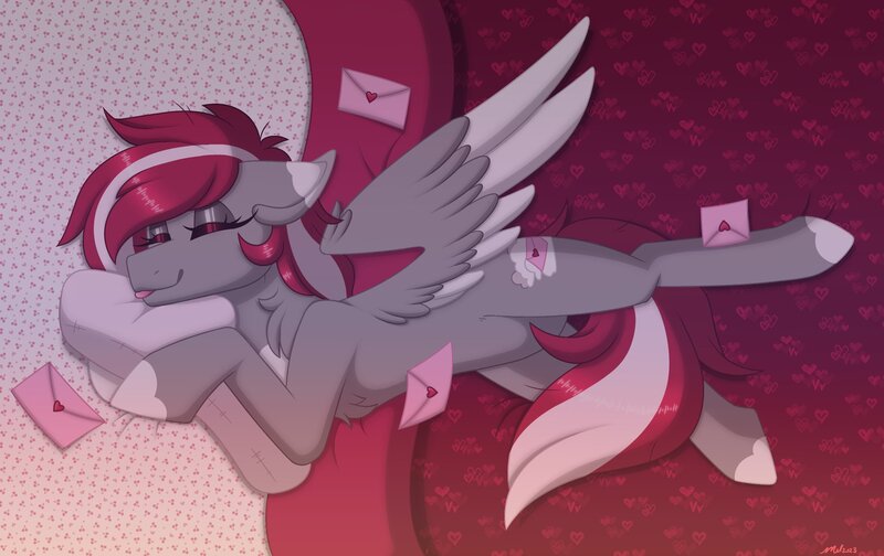 Size: 2048x1290 | Tagged: safe, artist:melodytheartpony, derpibooru import, oc, oc:heaven beat, pegasus, :p, bedroom, bedsheets, comfy, eyelashes, eyes closed, female, feral, floppy ears, hug, image, jpeg, letter, lying down, messy mane, pattern, pillow, pillow hug, signature, sleeping, smiling, spread wings, striped mane, tongue out, wings