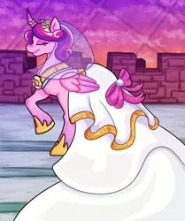 Size: 1714x2048 | Tagged: safe, artist:themeepbox, derpibooru import, princess cadance, alicorn, pony, alternate hairstyle, clothes, curved horn, dress, eyes closed, female, horn, horn ring, image, jewelry, jpeg, mare, raised hoof, ring, smiling, solo, wedding dress