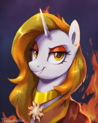 Size: 1266x1573 | Tagged: safe, artist:thebowtieone, derpibooru import, oc, oc:aurora shinespark, unofficial characters only, pony, unicorn, bust, cloak, clothes, ear piercing, earring, eyeshadow, female, fire, horn, image, jewelry, looking at you, makeup, mare, no source available, piercing, png, portrait, smug, solar empire, solo, solo female, unicorn oc