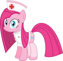Size: 939x903 | Tagged: safe, artist:retroponybro, artist:zacatron94, derpibooru import, edit, vector edit, pinkie pie, pony, base used, female, hat, image, looking at you, mare, name tag, nurse, nurse hat, nurse outfit, pinkamena diane pie, png, simple background, smiling, solo, transparent background, vector
