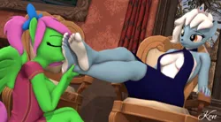 Size: 720x396 | Tagged: source needed, suggestive, artist:kenaga, derpibooru import, oc, oc:zippy sparkz, anthro, plantigrade anthro, 3d, duo, feet, feet sniffing, female, fetish, foot fetish, image, jpeg, sitting