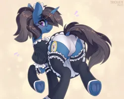 Size: 2500x2000 | Tagged: suggestive, alternate version, artist:trickate, derpibooru import, oc, oc:hbg, unofficial characters only, pony, unicorn, clothes, female, glasses, image, looking at you, looking back, maid, panties, png, rear view, socks, solo, solo female, stockings, thigh highs, underwear