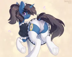 Size: 2500x2000 | Tagged: suggestive, alternate version, artist:trickate, derpibooru import, oc, oc:hbg, unofficial characters only, pony, unicorn, clothes, female, glasses, image, looking at you, looking back, maid, panties, panties aside, png, rear view, socks, solo, solo female, stockings, thigh highs, underwear, white socks, white underwear