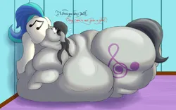 Size: 2400x1500 | Tagged: suggestive, artist:thewindking, derpibooru import, octavia melody, vinyl scratch, earth pony, unicorn, belly, big belly, butt, chubby, chubby cheeks, fat, huge belly, huge butt, image, impossibly large belly, impossibly large butt, large belly, large butt, obese, octavia is not amused, png, soft vore, text, unamused, vore, weight gain, weight gain sequence, wide hips