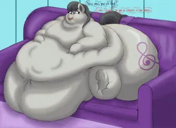 Size: 2200x1600 | Tagged: suggestive, artist:thewindking, derpibooru import, octavia melody, vinyl scratch, earth pony, belly, big belly, butt, couch, dialogue, fat, huge belly, huge butt, image, immobile, impossibly large belly, impossibly large butt, impossibly obese, large belly, large butt, morbidly obese, obese, png, sitting, soft vore, text, treblebutt, unamused, vinyl scratch is not amused, vore, weight gain, weight gain sequence, wide hips