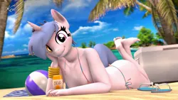 Size: 1200x675 | Tagged: source needed, suggestive, artist:kenaga, derpibooru import, oc, oc:steamy, unofficial characters only, anthro, plantigrade anthro, 3d, beach, bikini, clothes, feet, female, image, jpeg, lying down, palm tree, solo, solo female, swimsuit, the pose, tree